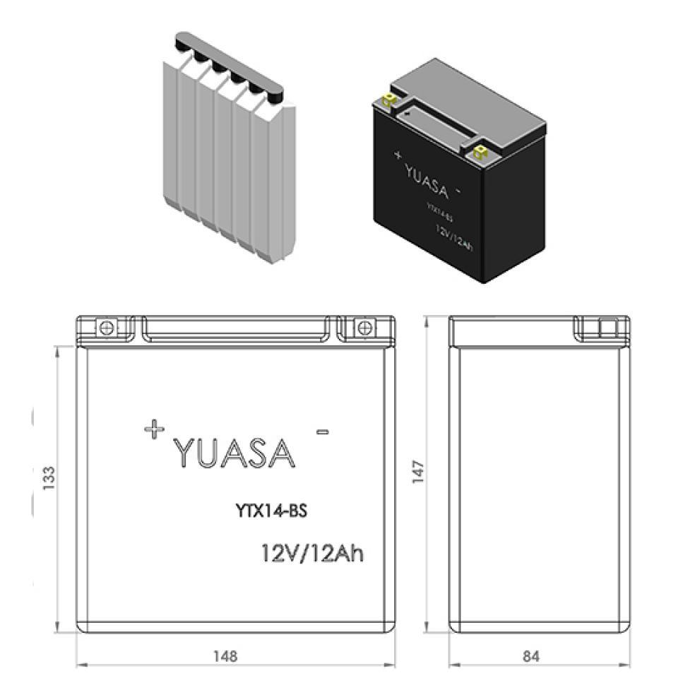 Batterie Yuasa pour Quad Kawasaki 750 KVF Brute force 2005 à 2009 YTX14-BS / 12V 12Ah Neuf
