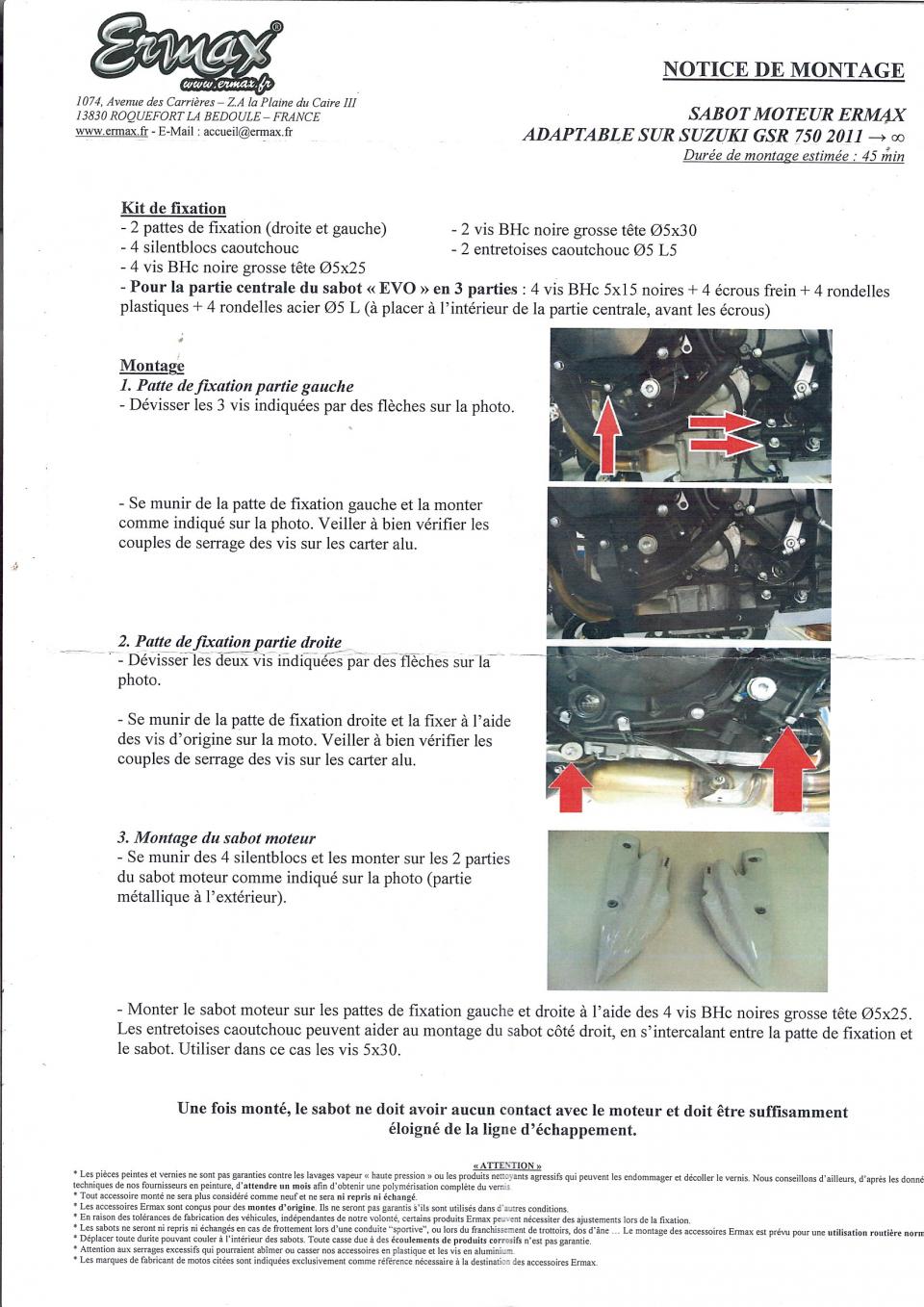Kit fixation sabot moteur Ermax pour moto Suzuki 750 GSR 2011 à 2016 9004SMA04