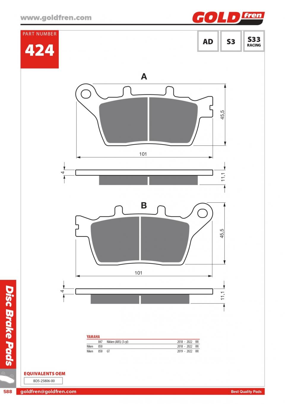 Plaquette de frein Gold Fren pour Moto Yamaha 900 Tracer 2024 à 2026 AR / GF424 AD Neuf