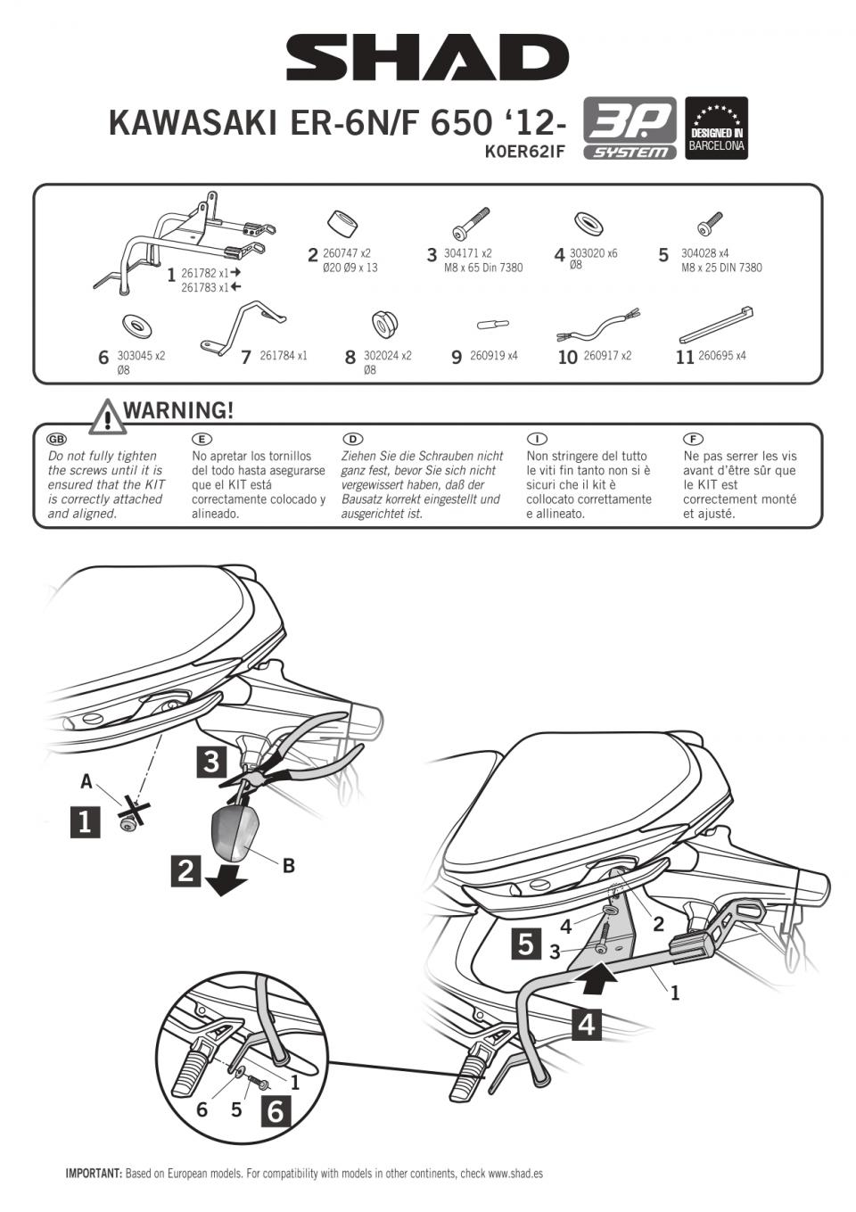 Support valise latérale Shad pour moto Kawasaki 650 Er6-N K0ER62IF 3P SYSTEM