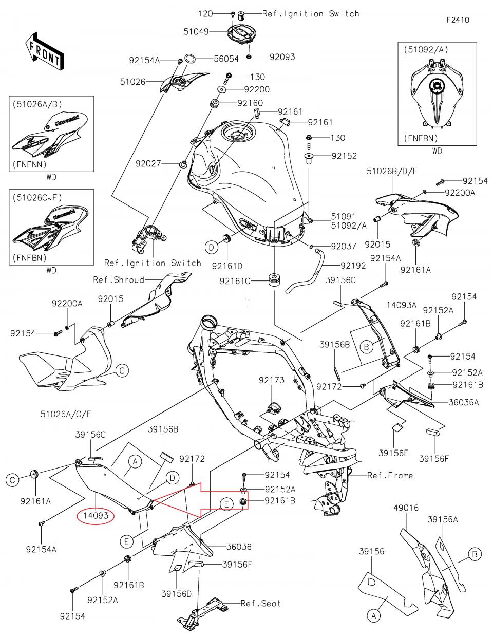 Cache latéral genou gauche pour moto Kawasaki Z 900 2017 à 2021 14093-0667 Neuf