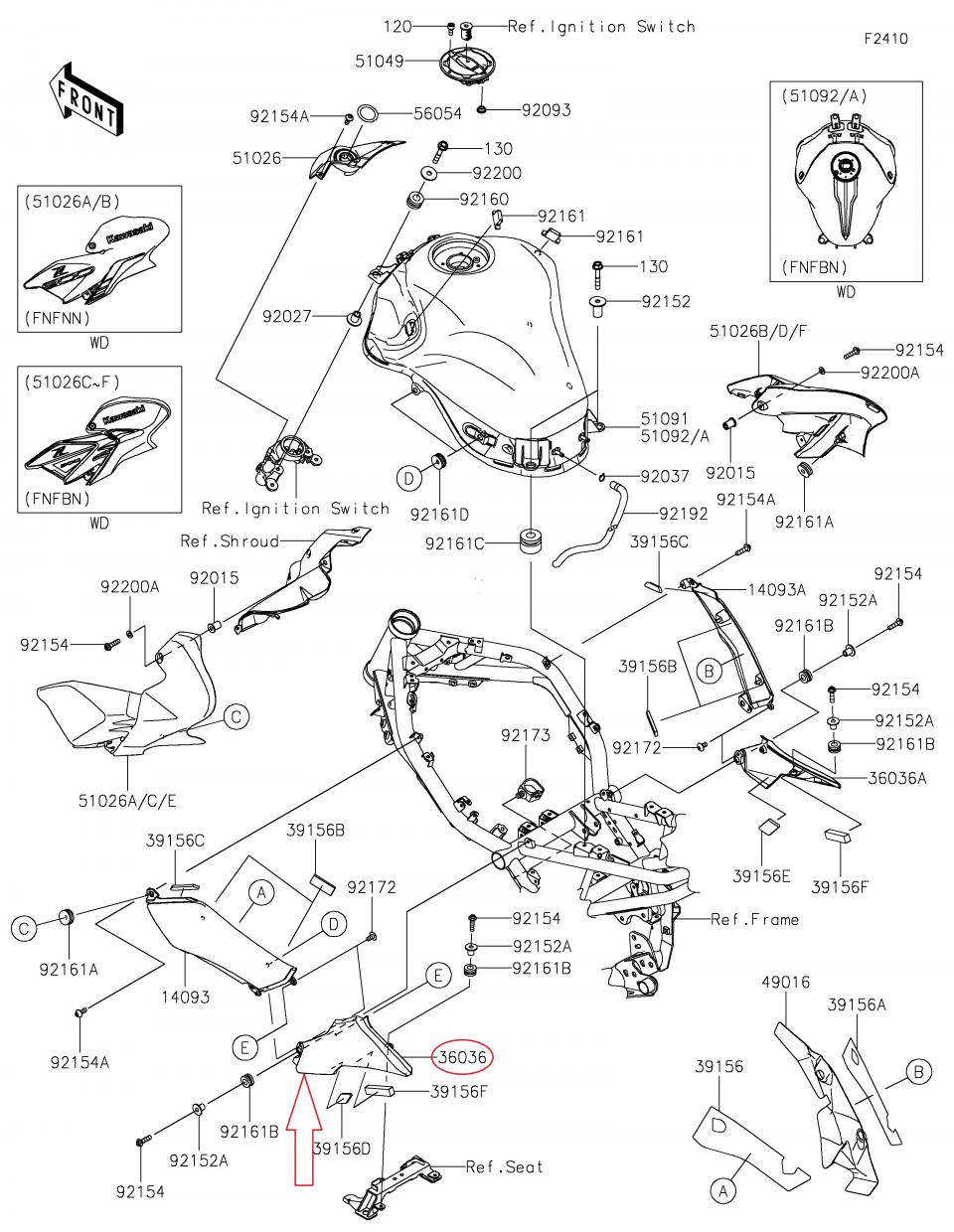 Cache latéral gauche pour moto Kawasaki Z 900 36036-5195-H8 Noir Brillant Neuf