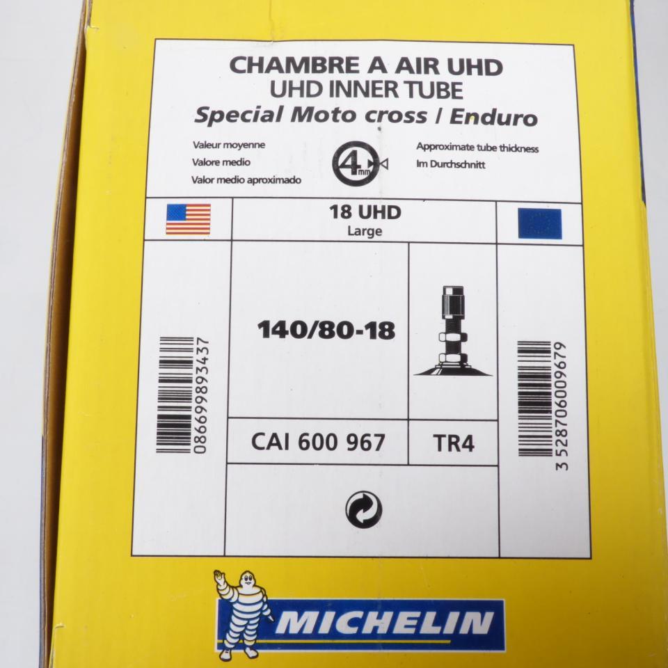 Chambre à air 140/80-18 super renforcée Michelin valve TR4 pour moto Neuf 18UHDL