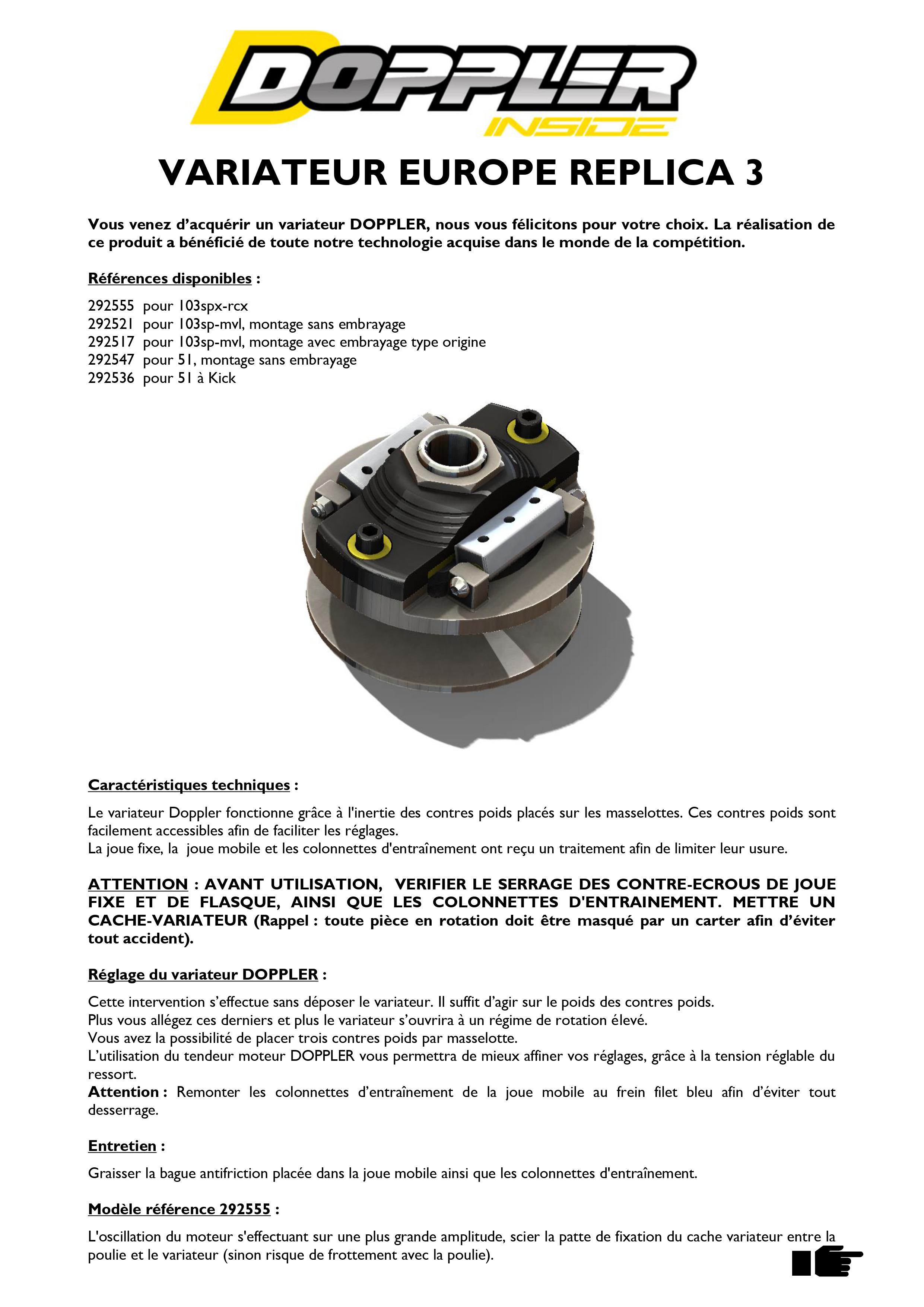 Kit Variateur Doppler ER3 pour mobylette Peugeot 103 SP Ø104mm Neuf