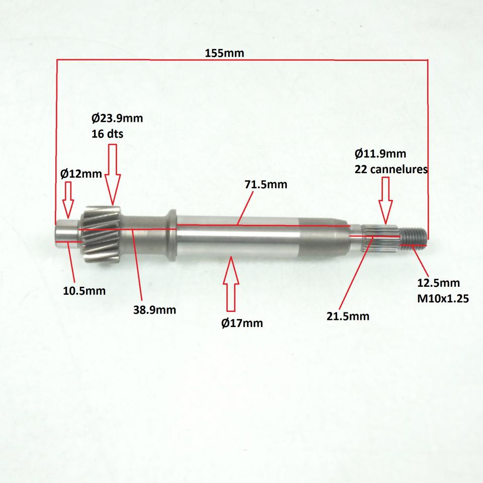 Arbre primaire transmission AR pour scooter Peugeot 50 Kisbee 16 dents Ø23.9mm