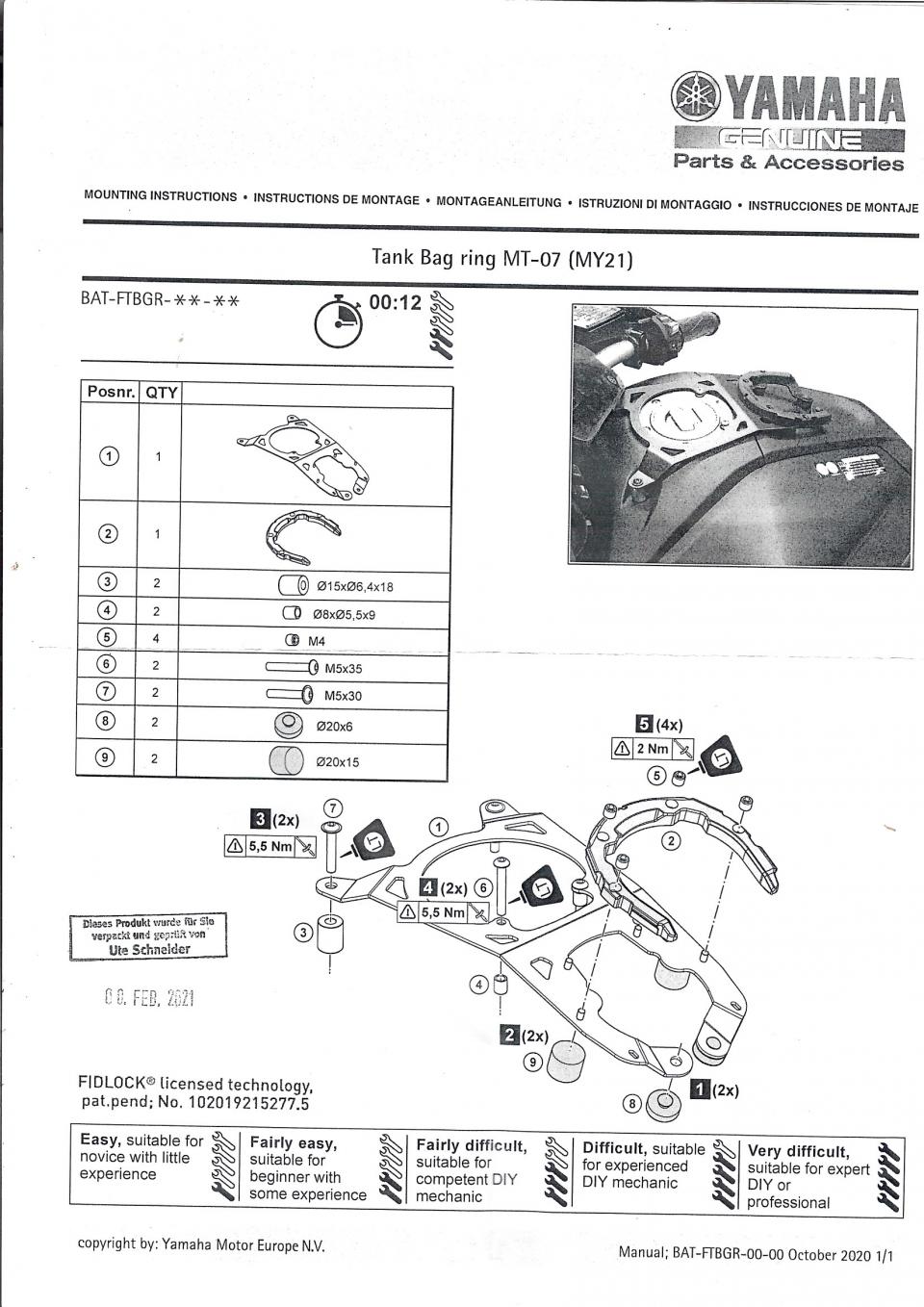 Anneau support sacoche reservoir pour moto Yamaha 700 MT-07 BATFTBGR00 Neuf