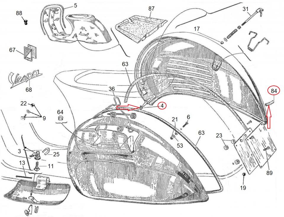 Kit caoutchouc pour capot pour scooter Piaggio 180 Vespa Rally 1968 à 1973 Neuf
