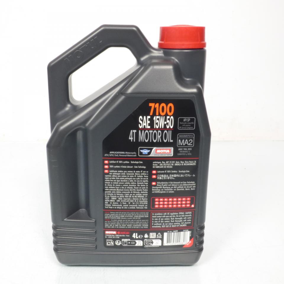 Bidon d'huile Motul 15W-50 7100 MA2 100% synthèse pour moto 4T 4L Neuf