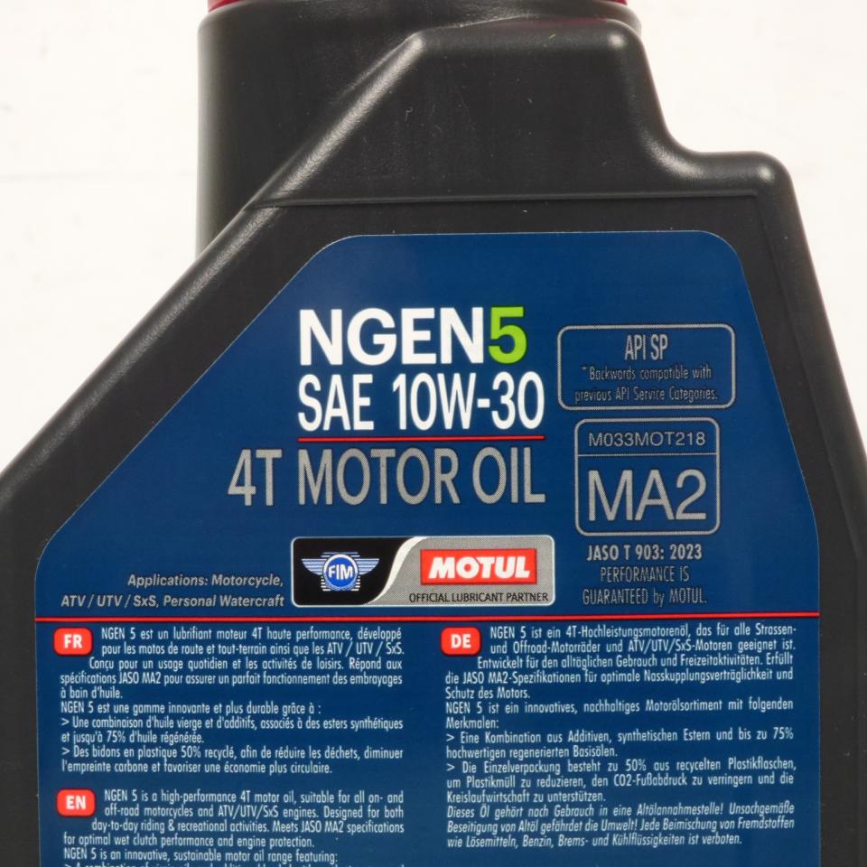 Bidon de 1 Litres d'huile Motul NGEN 5 10W30 pour moto 4T 10W-30 API SP JASO MA2
