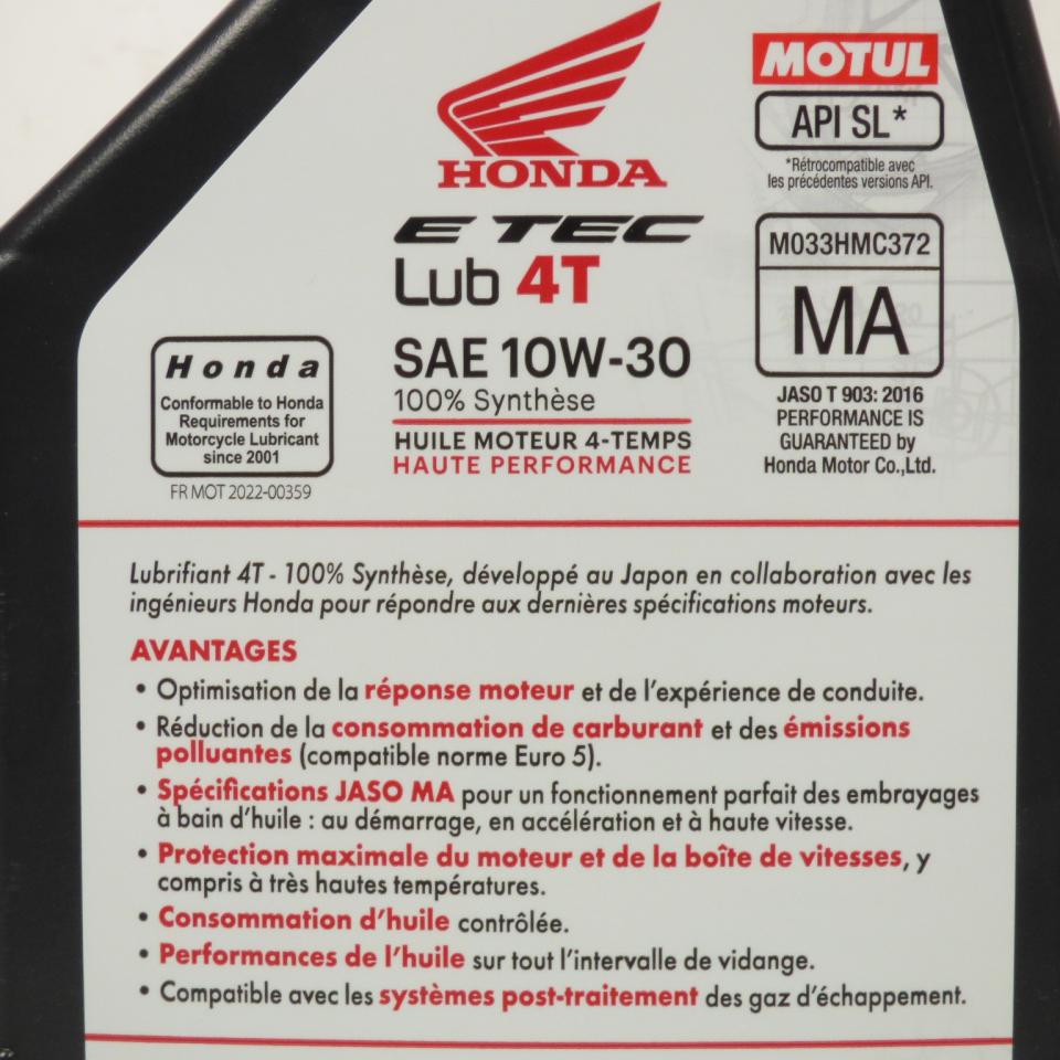 Bidon d'huile Motul E TEC Lub 4T 10W30 100% Synthèse 1L pour moto Honda Neuf