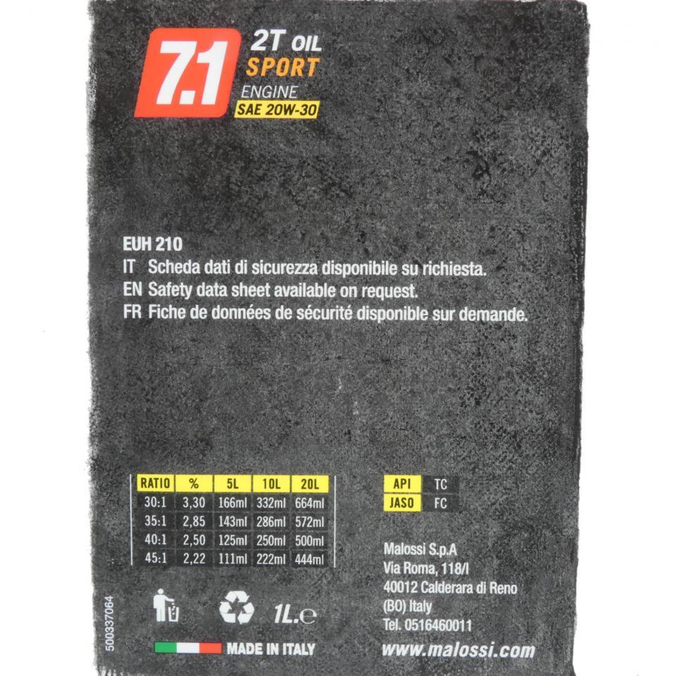 Huile semi synthèse Malossi 7.1 2T Sport Oil Engine 1L pour moto SAE 20W30 Neuf
