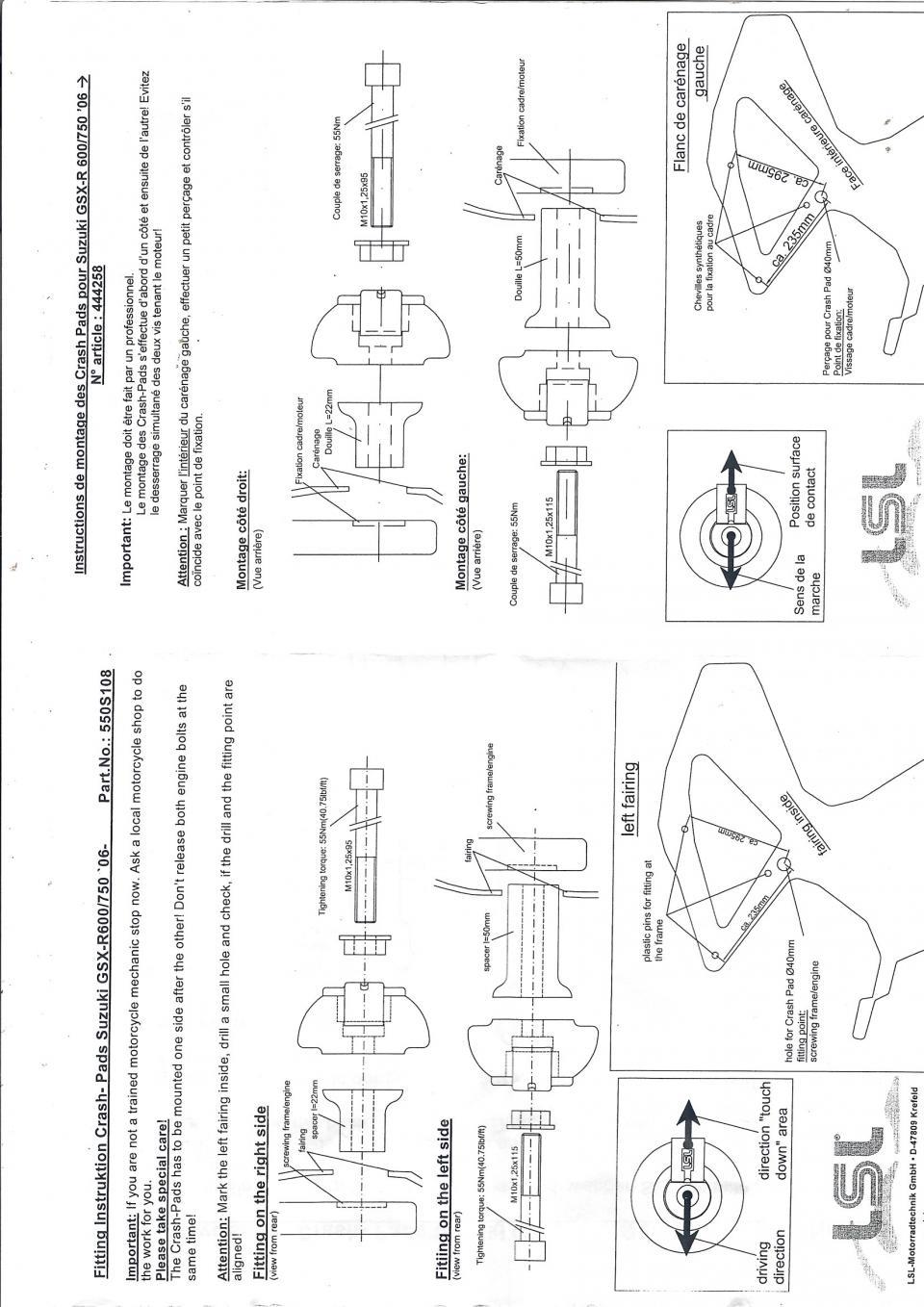 Kit Support tampon pare carter LSL pour moto Suzuki 750 GSXR P032139 550S108