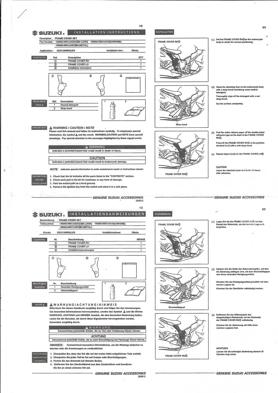 Paire protection cadre pour moto Suzuki 1300 GSXR-R Hayabusa 9900099013K16