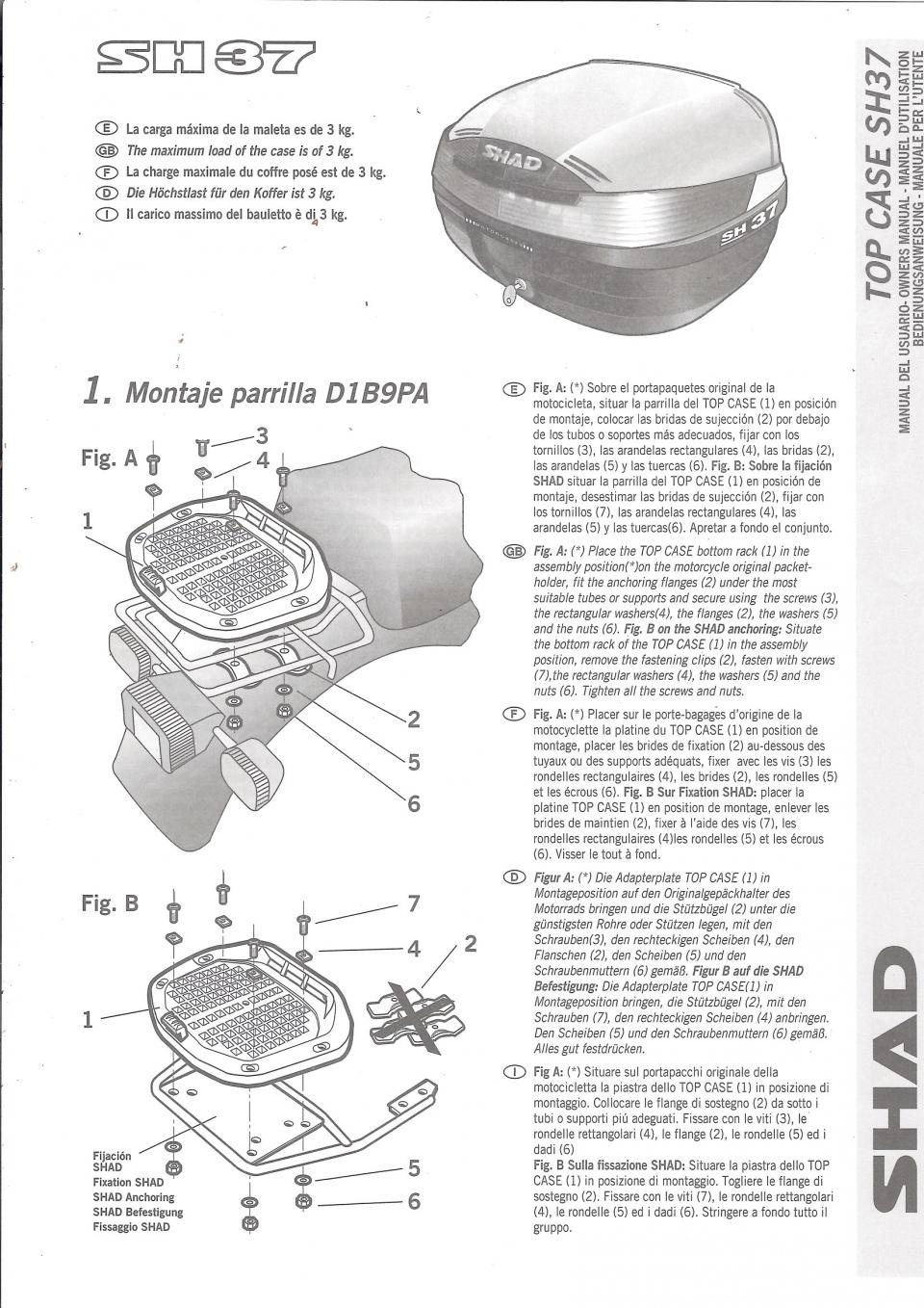 Top case 37L PRESS LOCK SYSTEM Shad SH37 pour moto Scooter Neuf