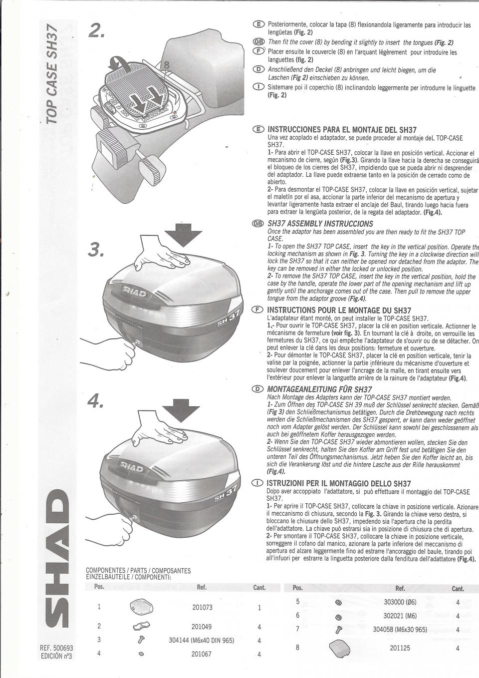 Top case 37L PRESS LOCK SYSTEM Shad SH37 pour moto Scooter Neuf