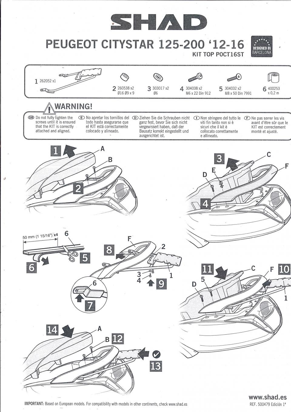 Kit TOP MASTER Support top case Shad pour scooter Peugeot 125 Citystar P0CT16ST