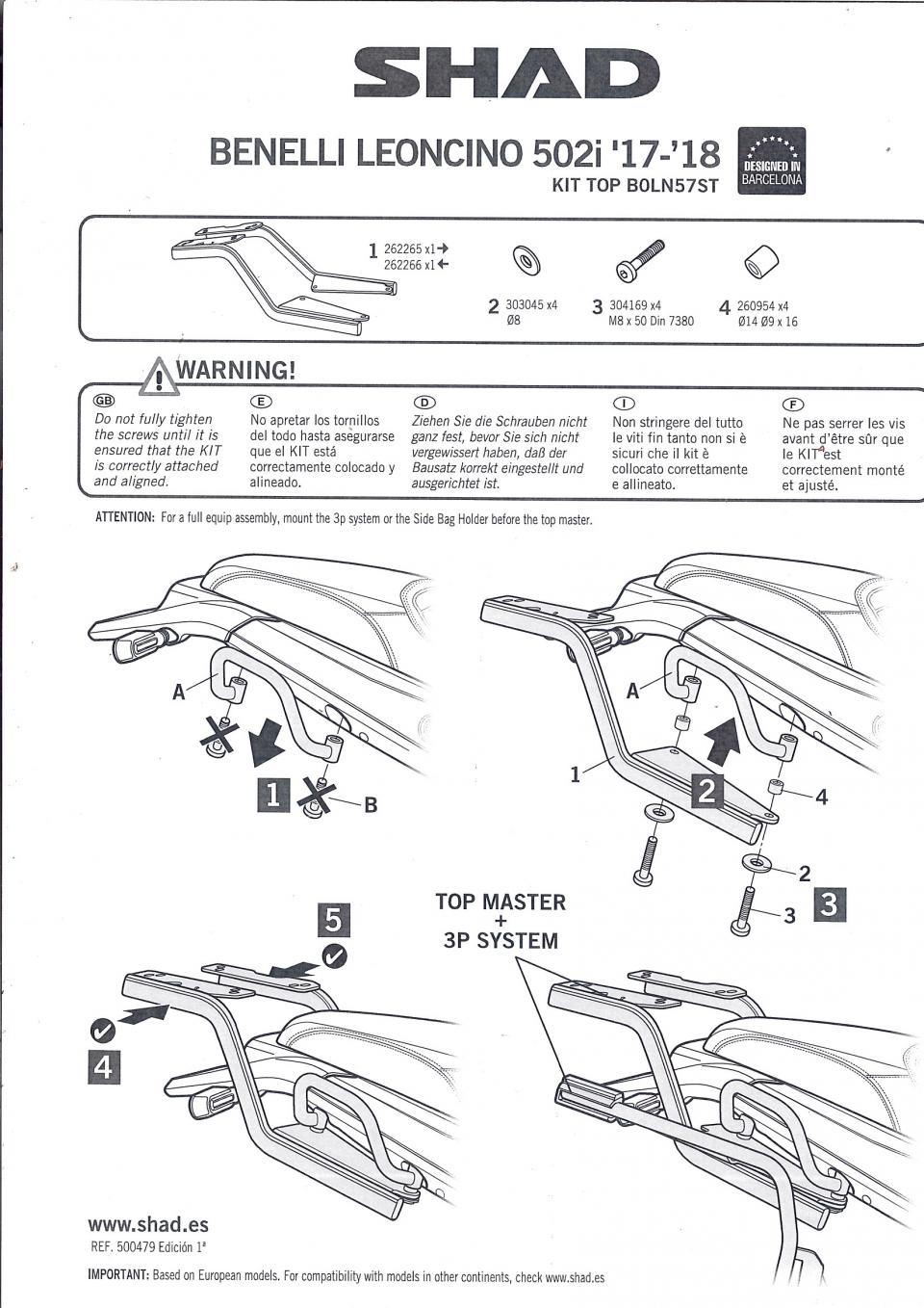 Kit TOP MASTER Support de top case Shad pour moto Benelli 502 Leoncino B0LN57ST