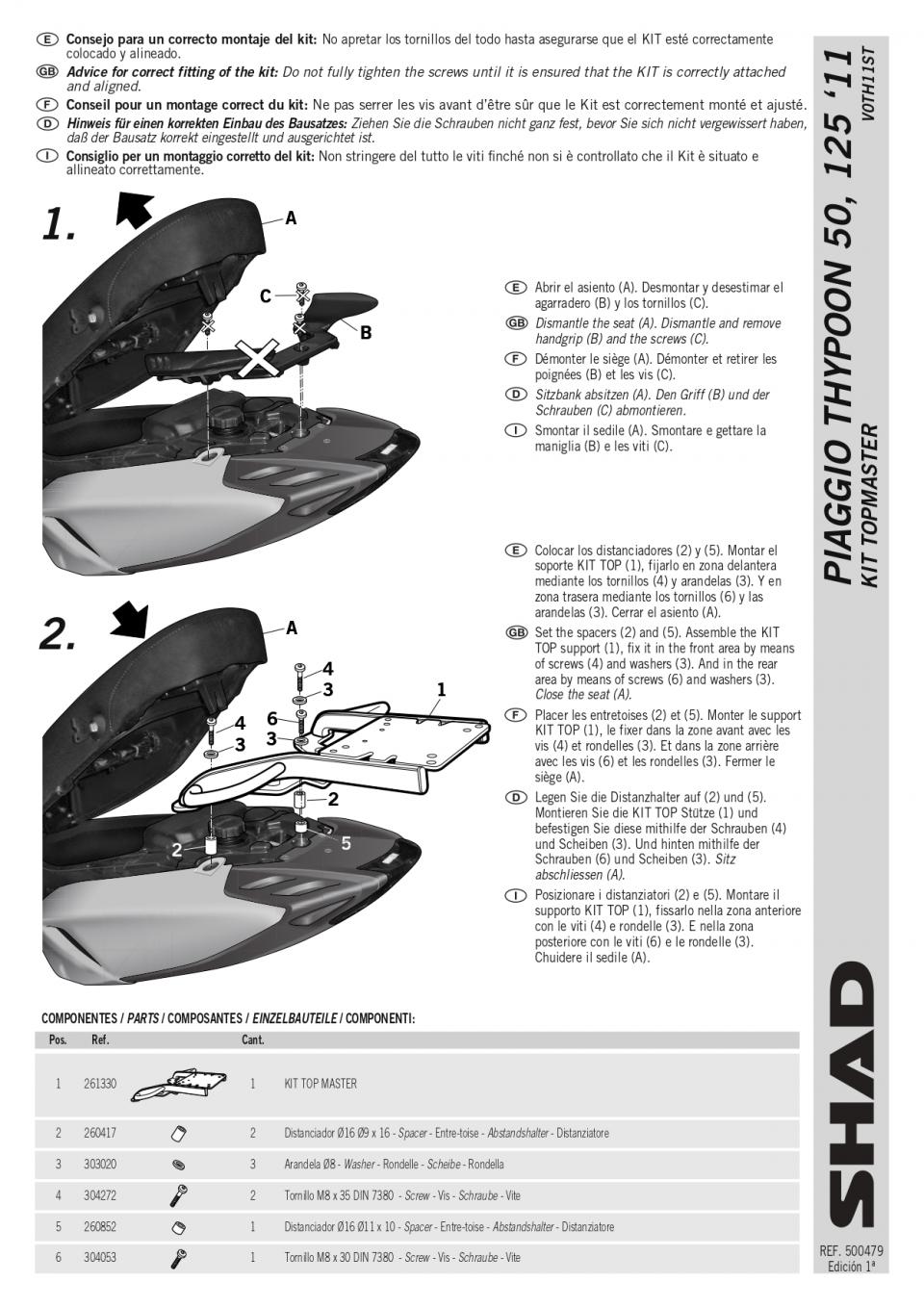 Support de top case Shad pour scooter V0TH11ST / TOP MASTER / Kit Neuf