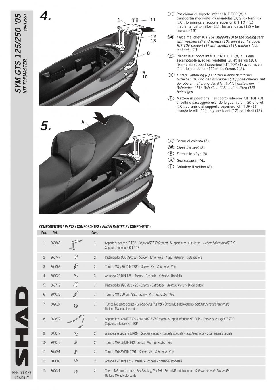 Support de top case Shad pour Scooter Sym 125 GTS 2005 à 2017 S0GT25ST / TOP MASTER Neuf