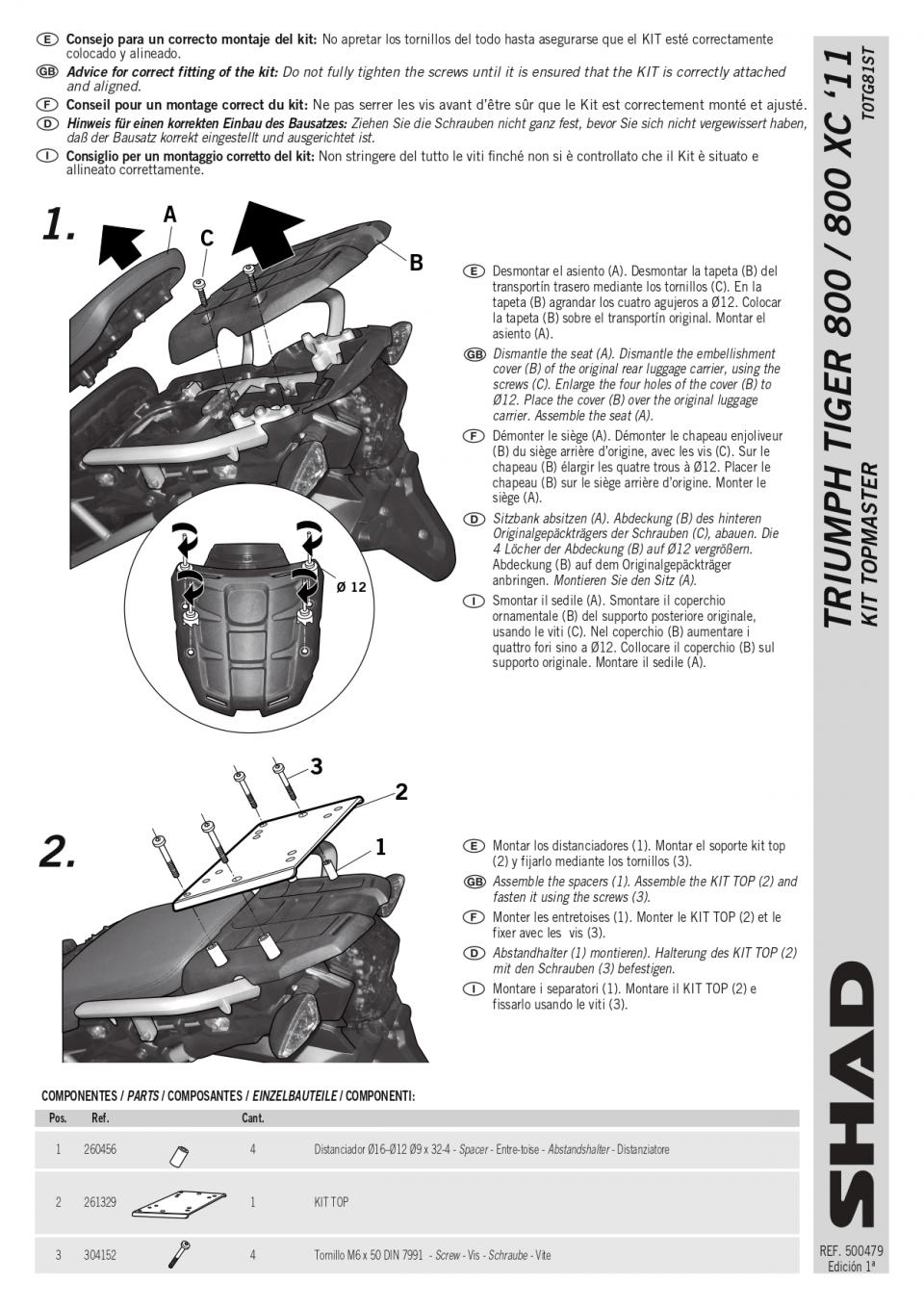 Support de top case Shad pour moto Triumph Tiger 800 Xrx 2011 à 2022 T0TG81ST