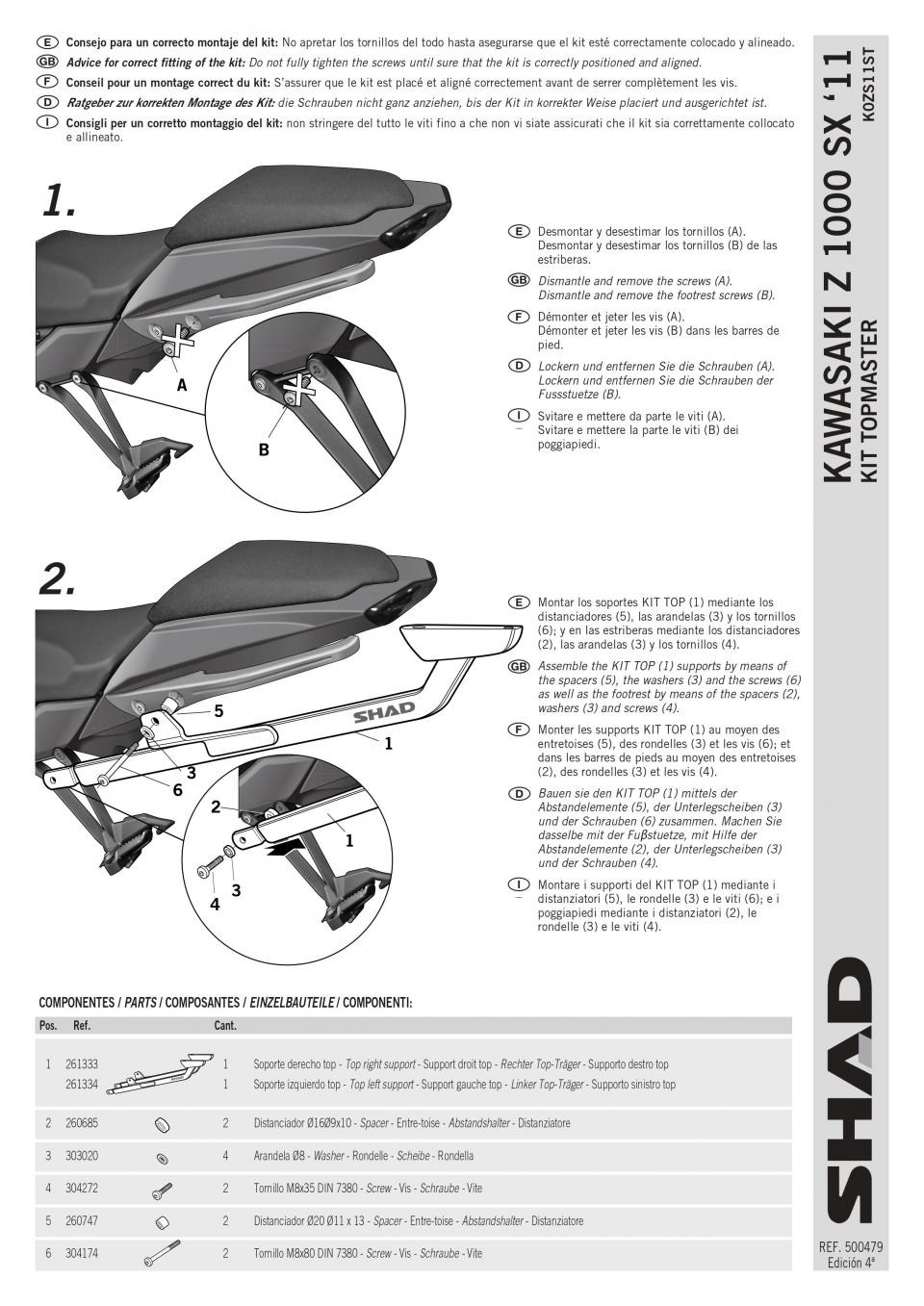 Support de top case Shad pour Moto Kawasaki 1000 Z SX 2011 à 2016 K0ZS11ST / TOP MASTER / Kit Neuf