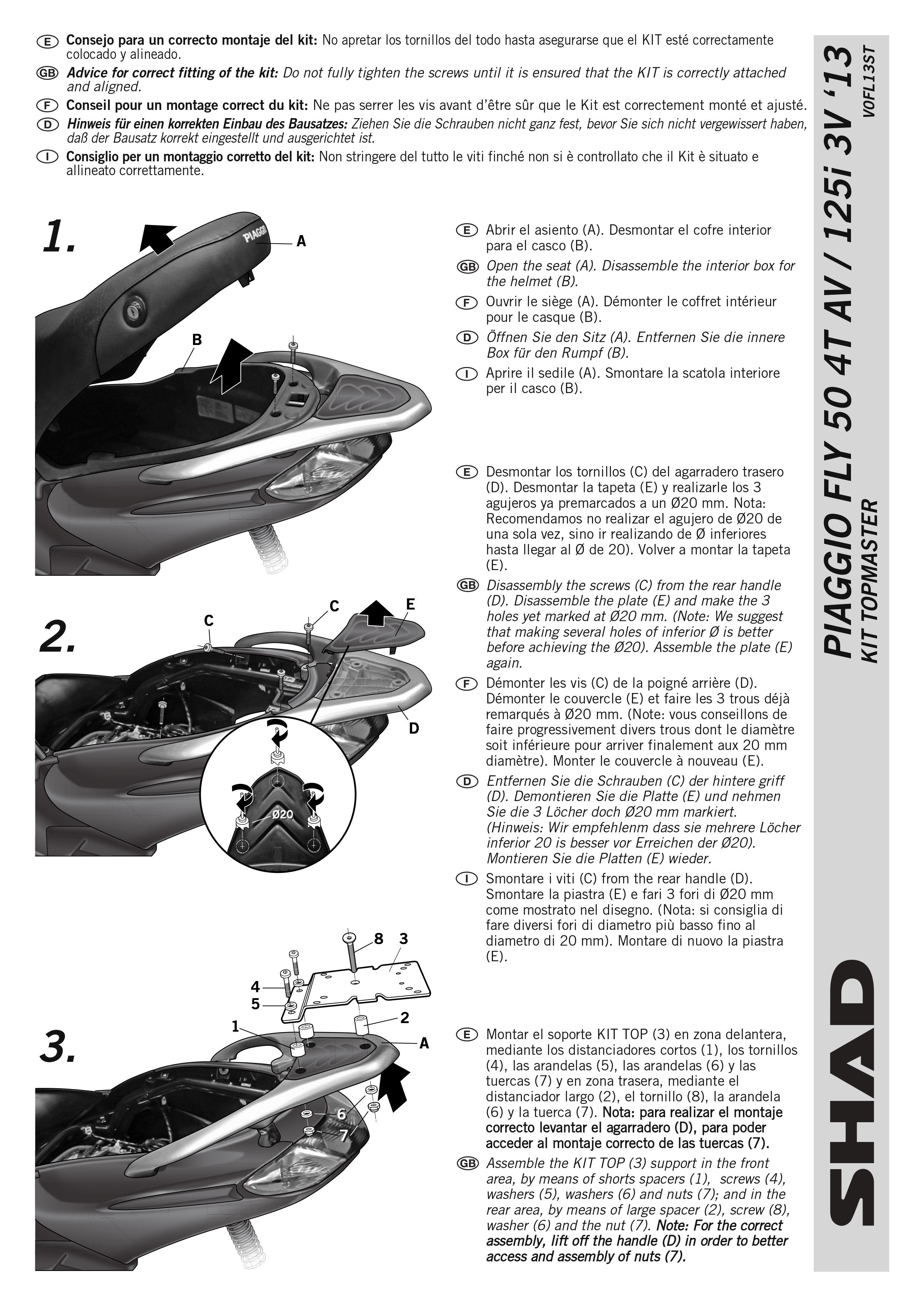 Kit Support fixation de top case Shad pour scooter Piaggio 125 Fly V0FL13ST Neuf