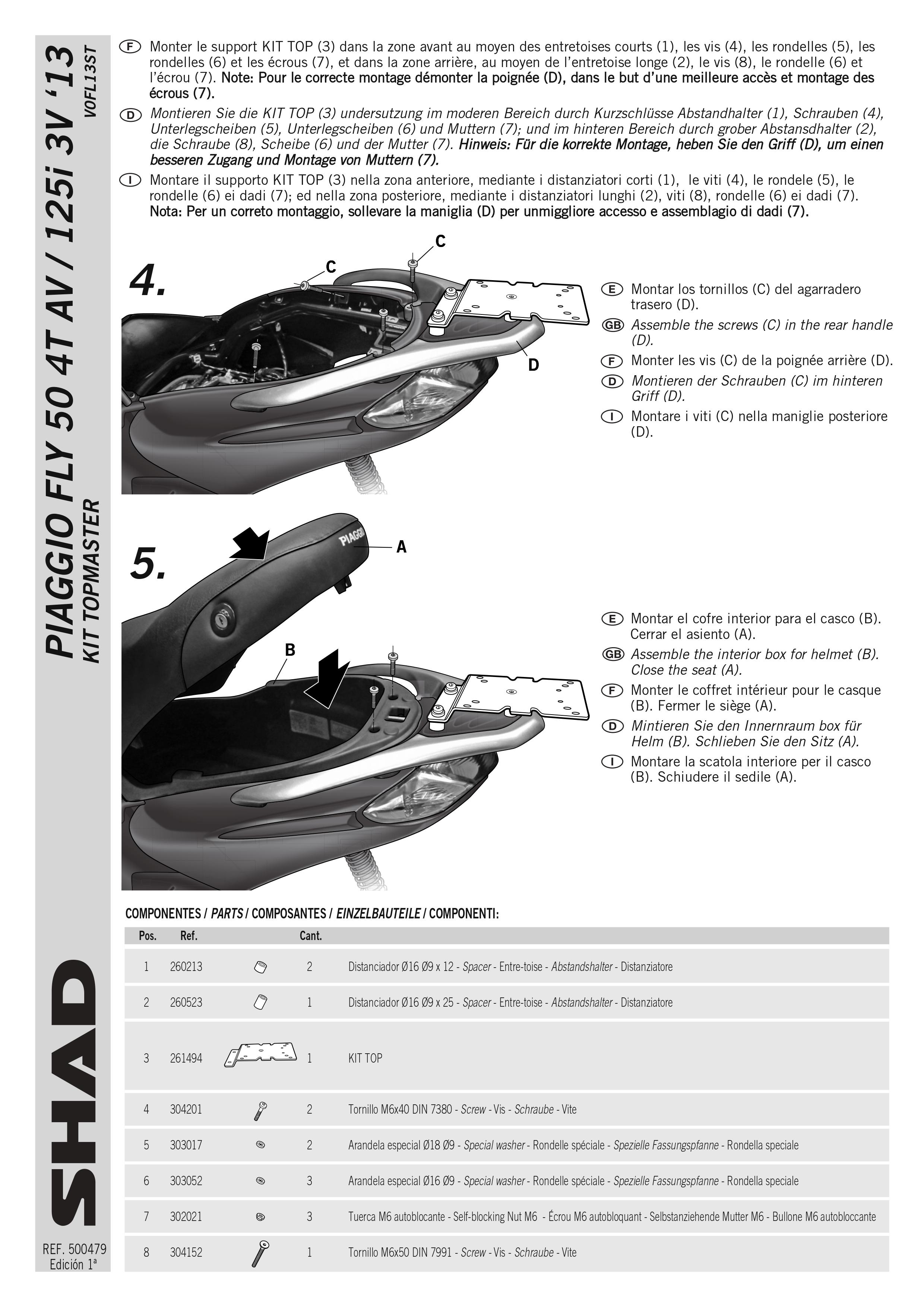 Kit Support fixation de top case Shad pour scooter Piaggio 125 Fly V0FL13ST Neuf