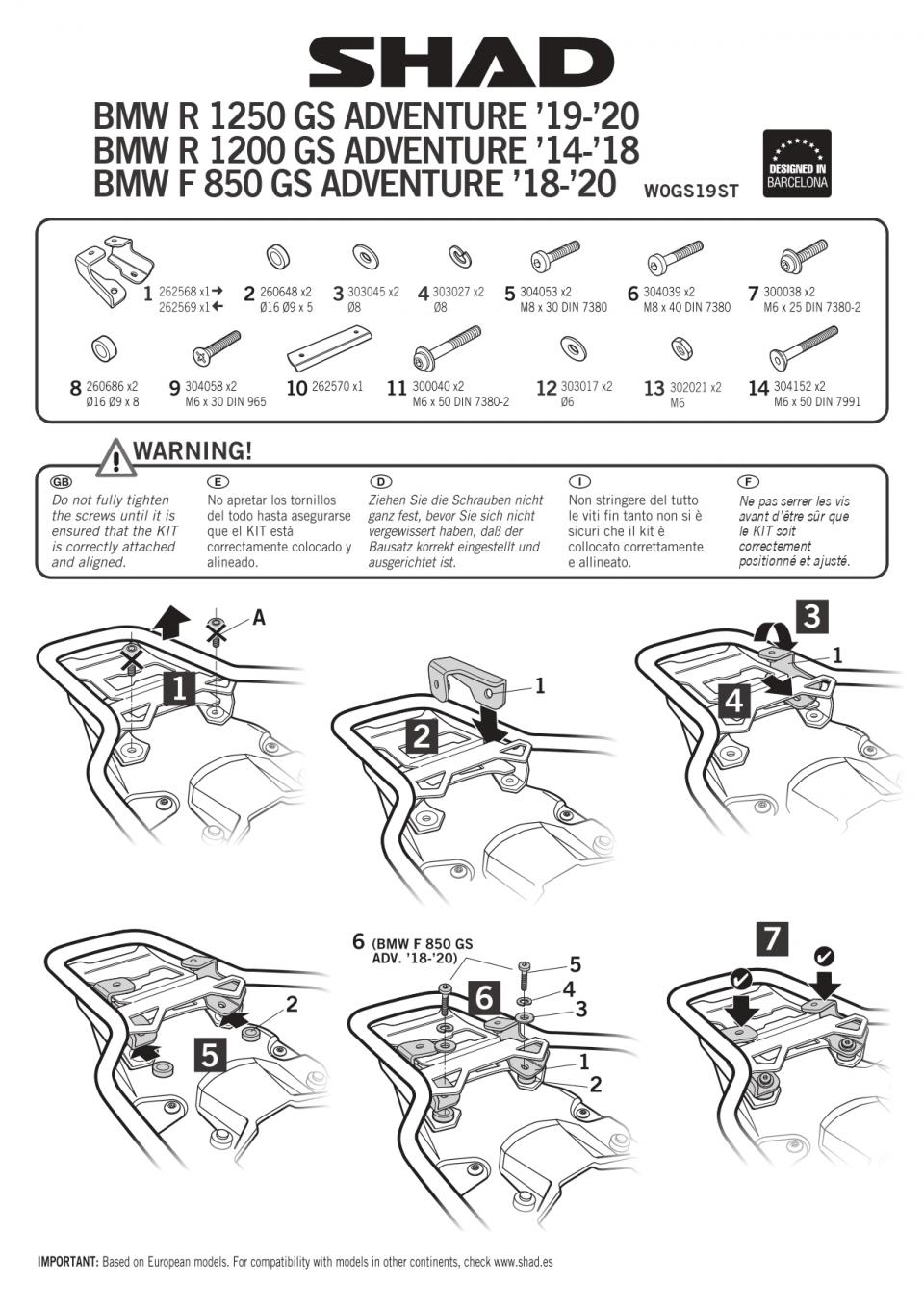 Kit Support top case Shad pour moto BMW R 1200 Gs Adventure 2014 à 2018 W0GS19ST