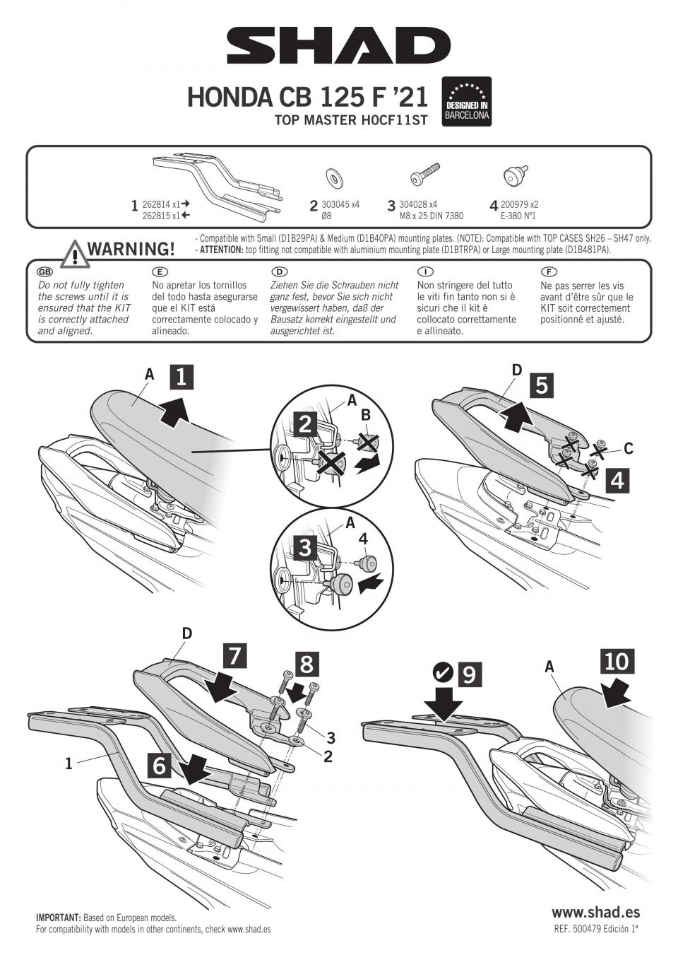 Support de top case Shad pour Moto Honda 125 Cb F 2021 à 2022 H0CF11ST / TOP MASTER / Kit Neuf