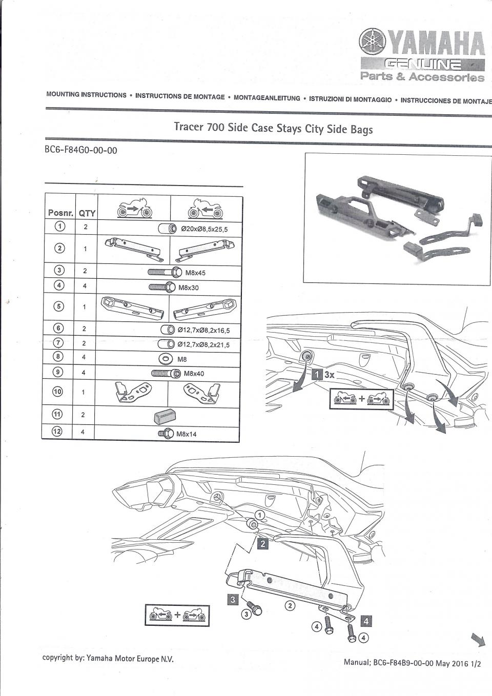 Kit Support valise latérale CITY 20L pour moto Yamaha 700 Tracer BC6-F84G0-00