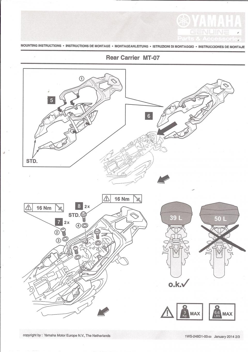 Support de top case Gris pour moto Yamaha 700 MT-07 2014 à 2016 1WS-248D0-10-00