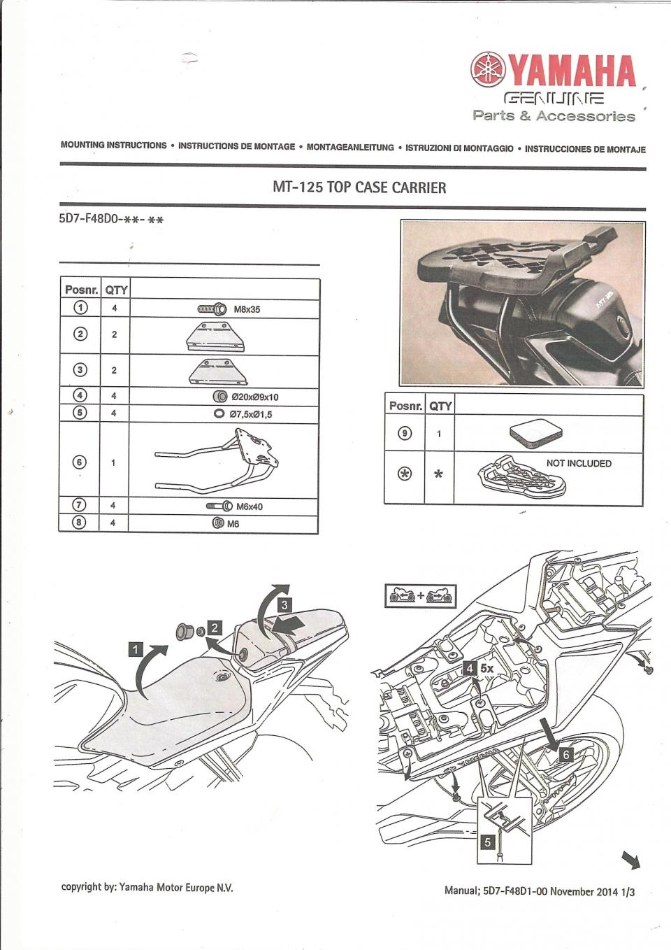 Support de top case Noir pour moto Yamaha 125 MT 2014 5D7-F48D0-00-P0 Neuf