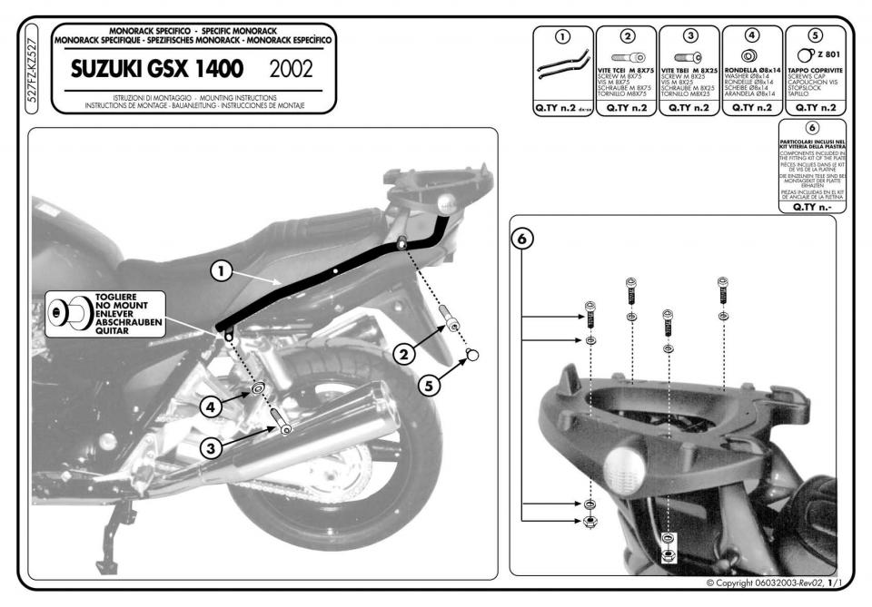 Support de top case GIVI Monorack 527FZ pour moto Suzuki 1400 GSX 2002-09 Neuf