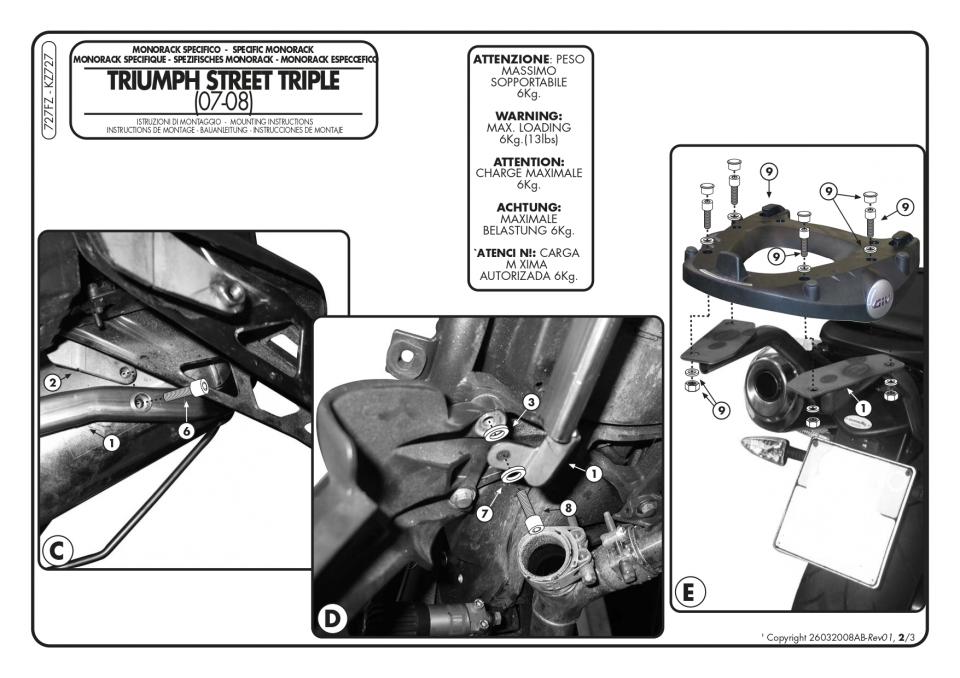 Support de top case GIVI pour Moto Triumph 675 Street triple 2007 à 2012 727FZ Monorack / 18324 Neuf
