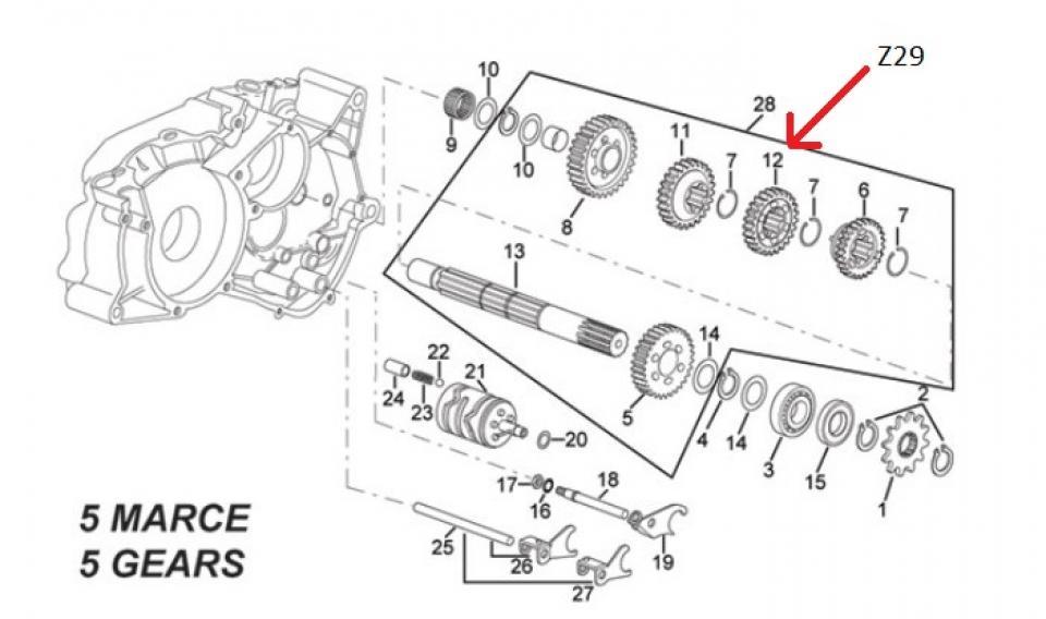 Pignon Z29 boite de vitesse 3A pour moto Aprilia 50 RS 1996 à 1998 AM5 AP8206444