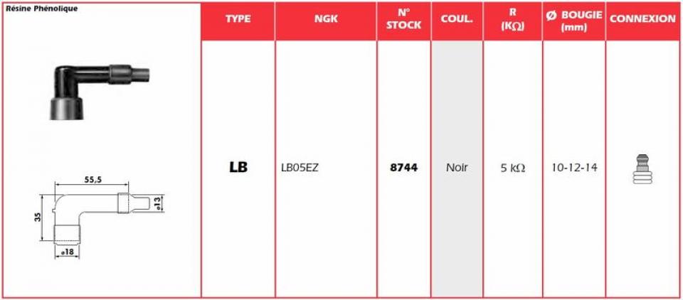 Antiparasite NGK LB05EZ coudé 90 avec olive 5Kohm capuchon de bougie pour moto