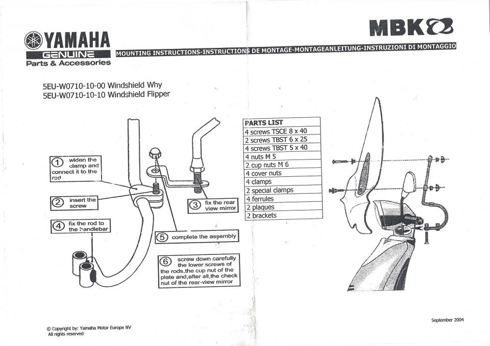 Pare brise avec support pour scooter MBK 50 Flipper 5EU-W0710-10-10 71.5cm Neuf