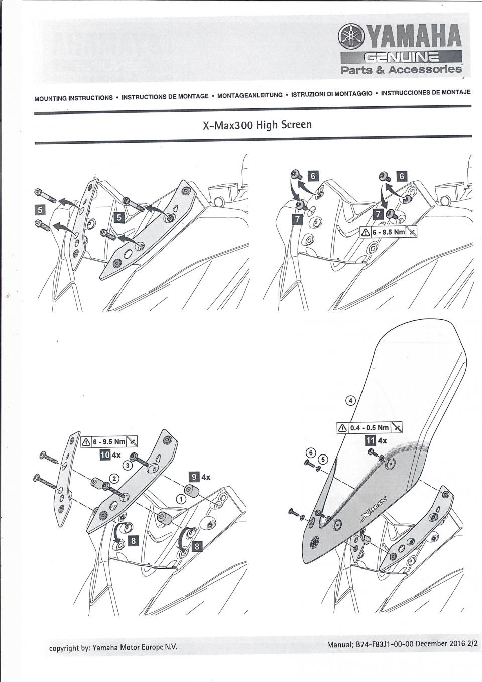 Pare brise Haut 71cm Yamaha 300 X-Max Tech Max 2021 à 2022 B74F837J0100 Neuf