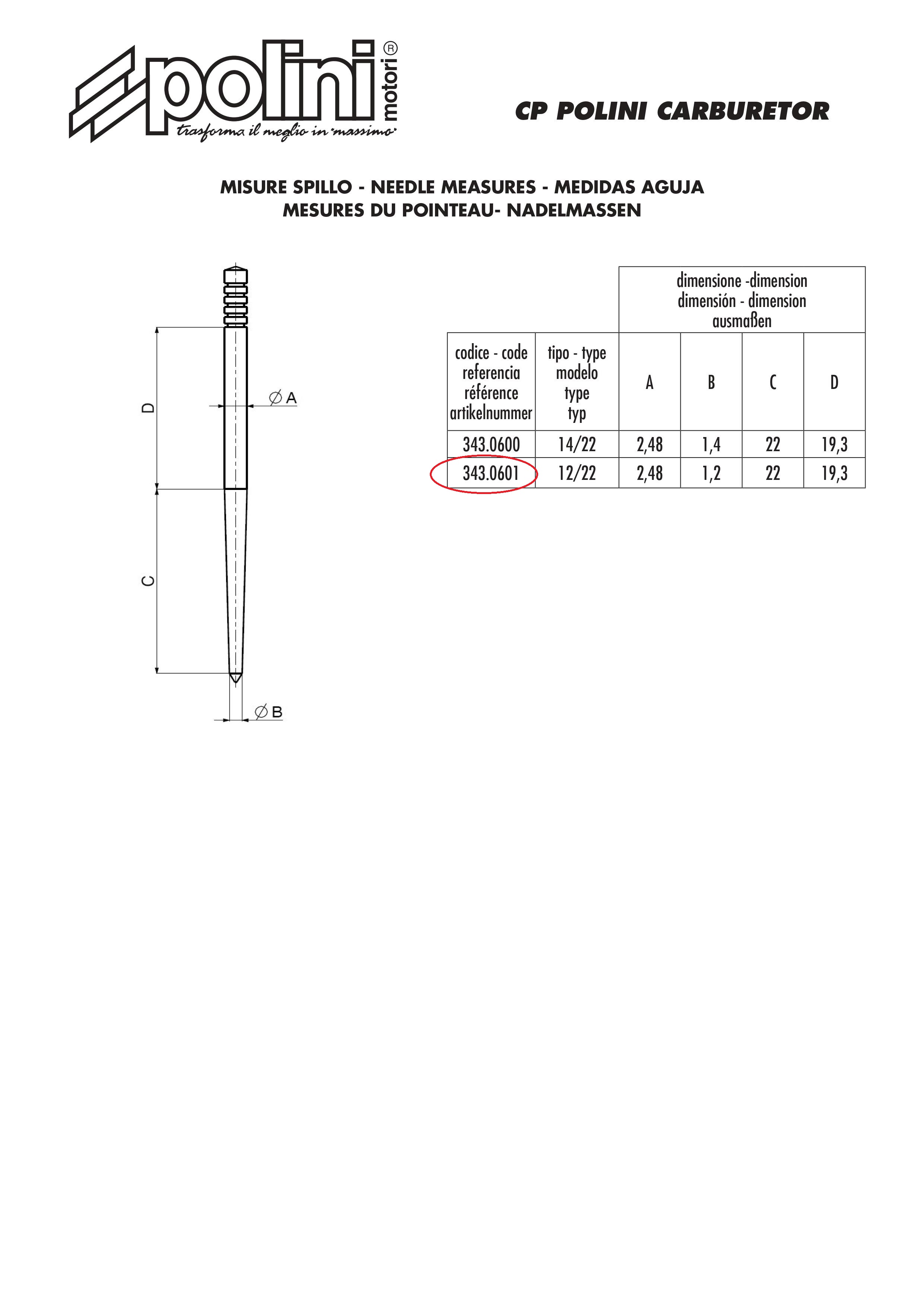 Aiguille de boisseau carburateur CP 12/22 Polini pour moto 343.0601 Neuf