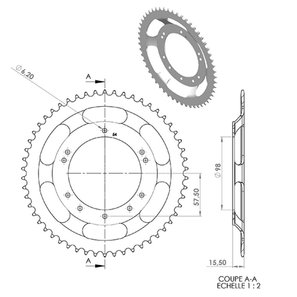 Couronne de transmission pour mobylette Peugeot 103 Vogue 2004-2018 54 dts P415 Ø98mm