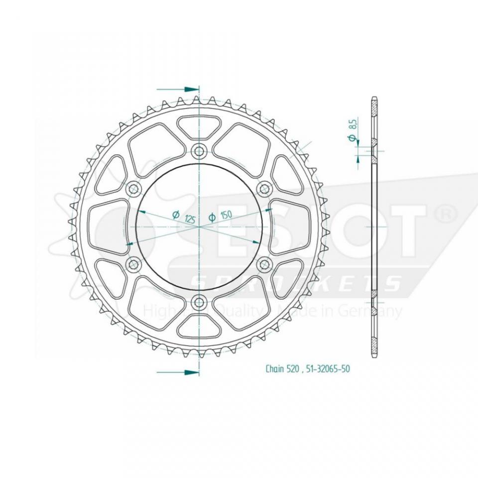 Couronne de transmission Esjot pour Moto KTM 250 Exc 2T Boite 6 2012 à 2019 52 dents pas 520 Ø125mm Neuf