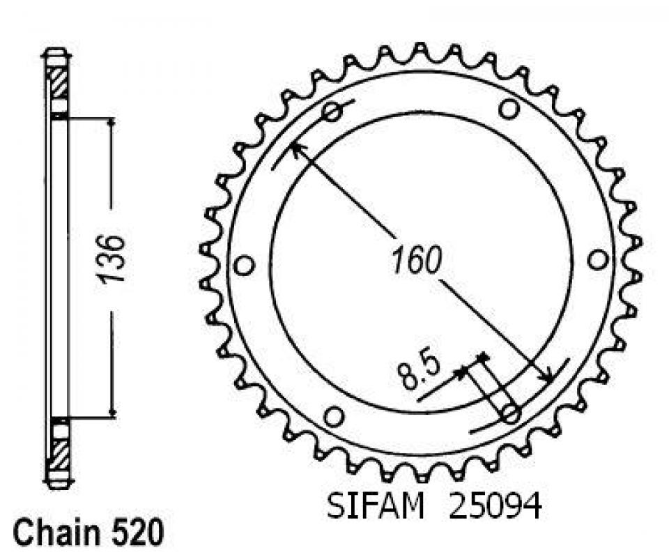 Couronne transmission Sifam pour moto Aprilia 650 Pegaso 2001 à 2004 46 dts P520