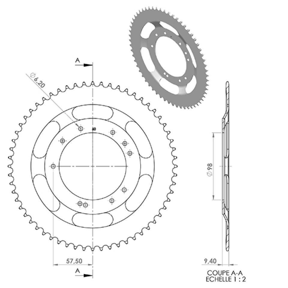 Couronne de transmission 60 dts pas 415 Ø98mm noir MBK 51 pour mobylette cyclomoteur