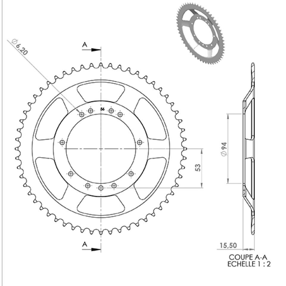 Couronne de transmission Charvin pour Auto Peugeot 50 56 dents pas 415 alésage 94mm Neuf