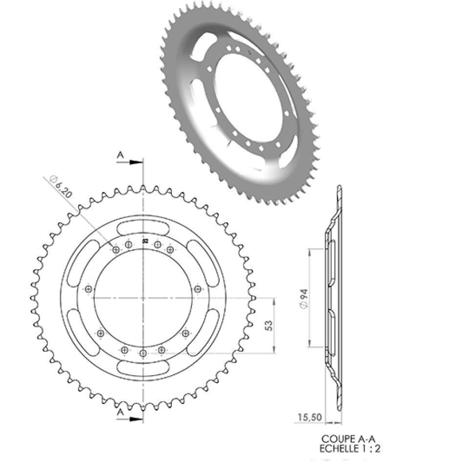 Couronne de transmission 52 dts pas 415 Ø94mm pour mobylette Peugeot cyclomoteur mob