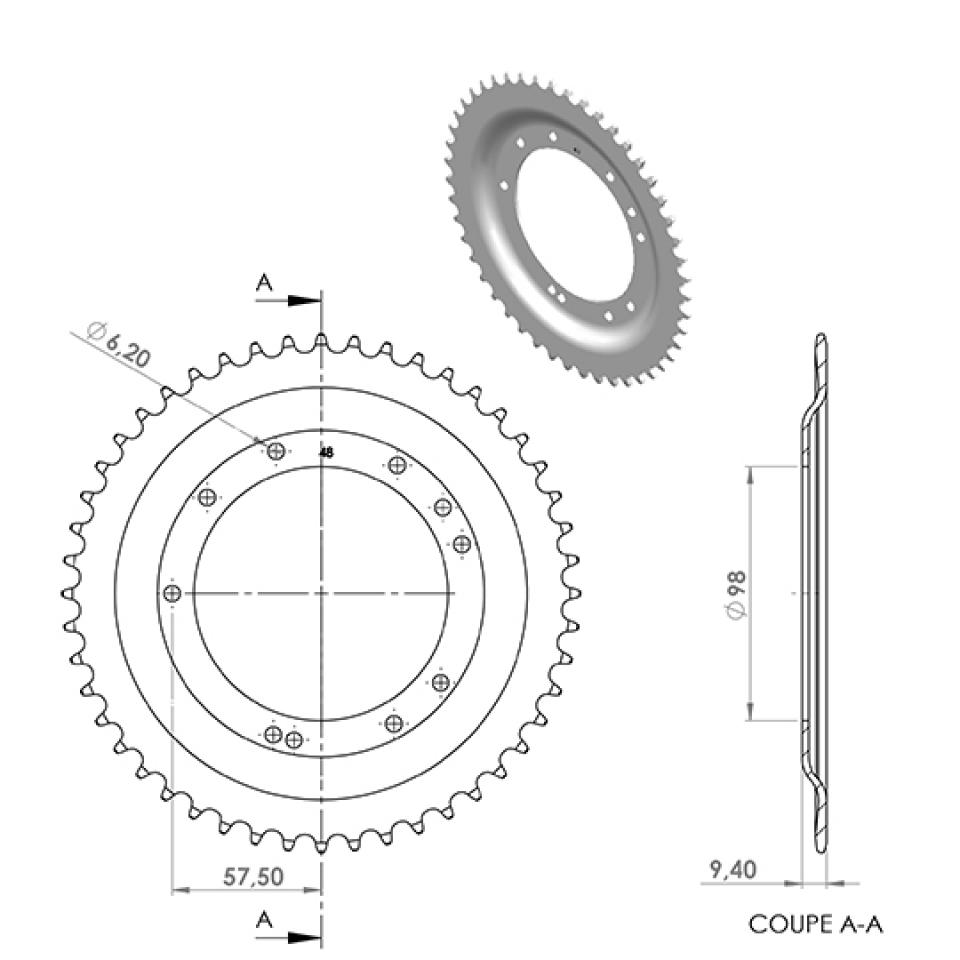 Couronne de transmission 48 dts pas 415 Ø98mm cyclo MBK 51 pour mobylette cyclomoteur