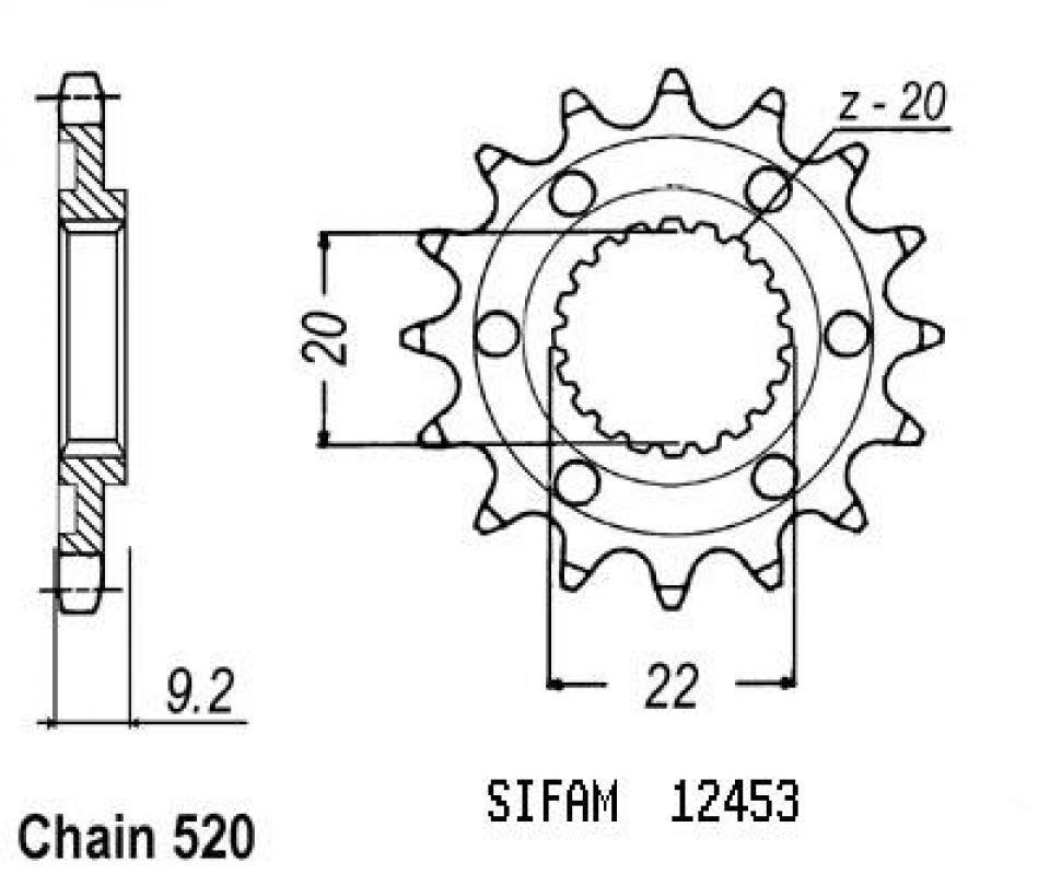 Pignon de sortie de boite Sifam pour Moto Kawasaki 250 Kx-F 4T 2006 à 2023 13 dents pas 520 Neuf