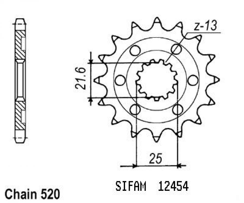 Pignon de sortie de boite Sifam pour Moto Kawasaki 450 Kx-F 4T Fi 2010 à 2021 13 dents pas 520 Neuf