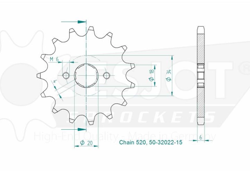 Pignon de sortie de boite Esjot pour Quad Eton 100 Draco 2003 à 2005 15 dents pas 520 Neuf