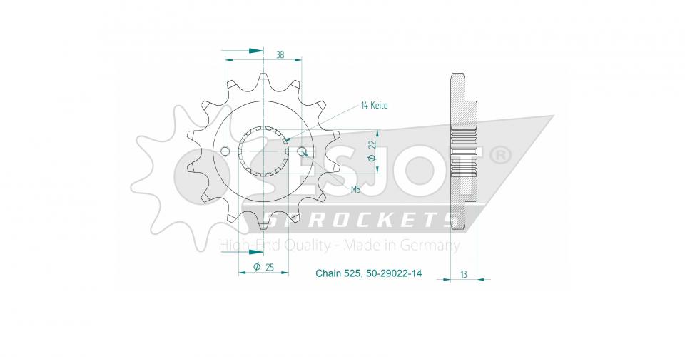 Pignon de sortie de boite Esjot pour Moto Ducati 749 S Superbike 2003 à 2006 14 dents pas 525 Neuf